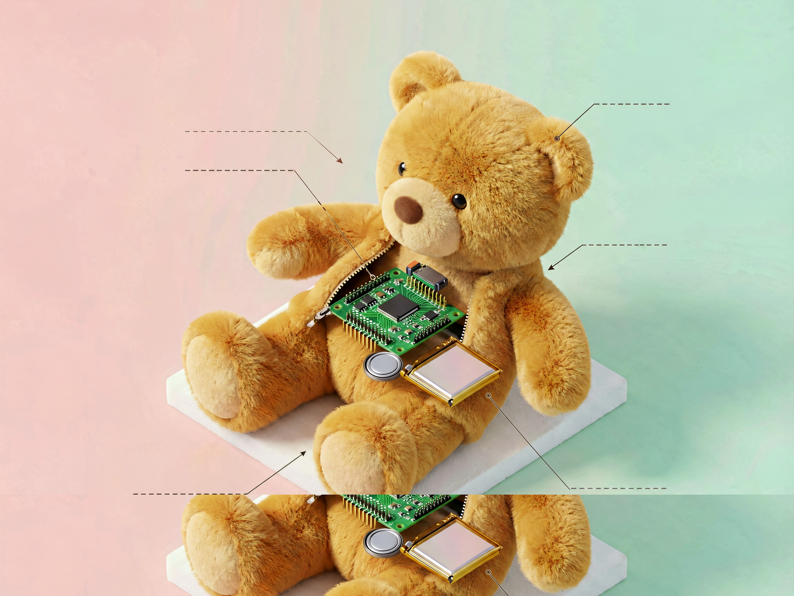 Cutaway of a plush toy showing the ESP32 board, microphone, speaker and battery