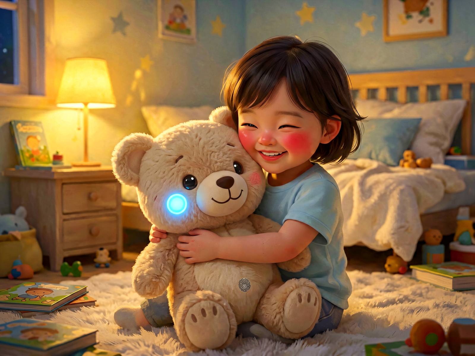 A child hugging a talking AI plush bear