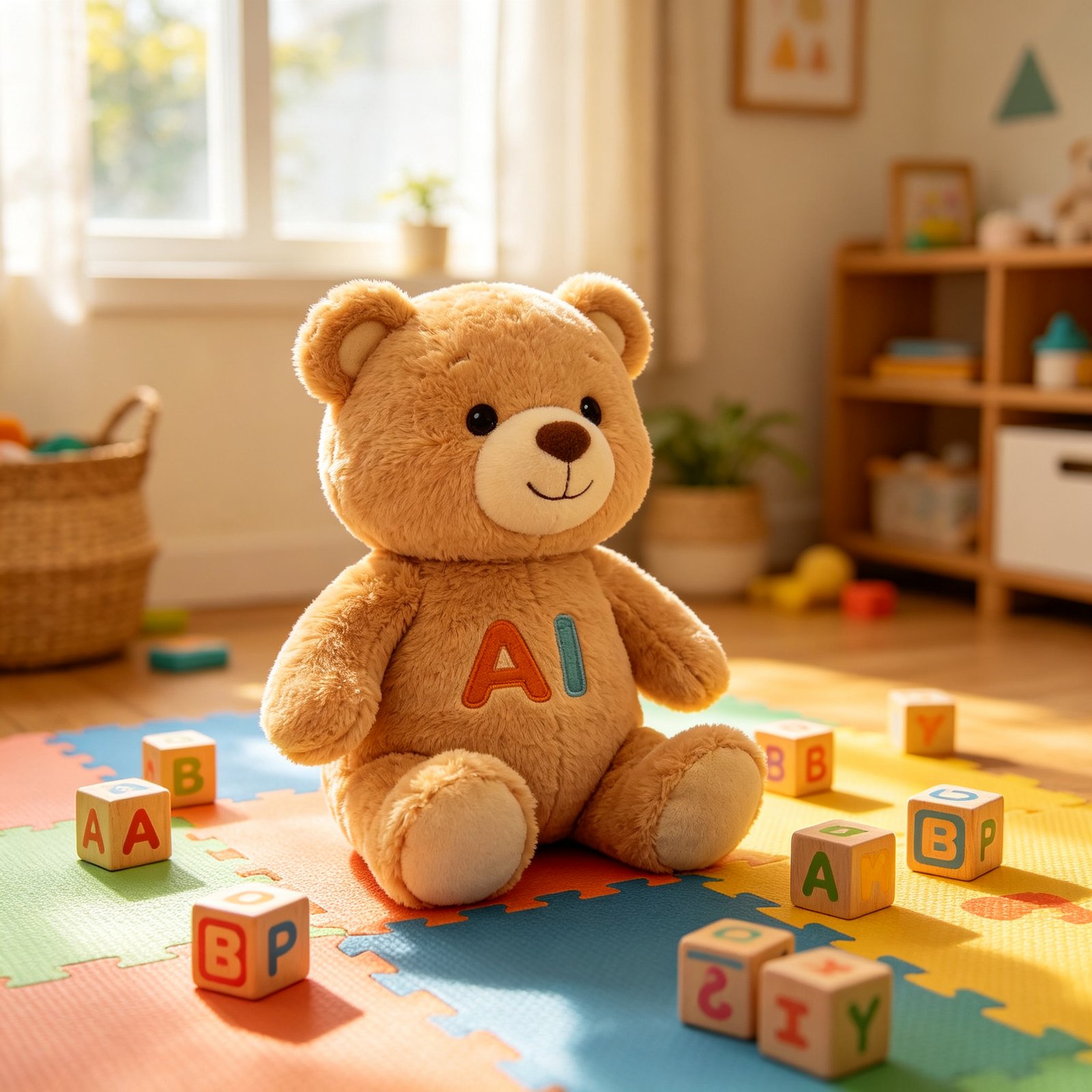 AI educational plush bear toy sitting on a play mat with alphabet blocks