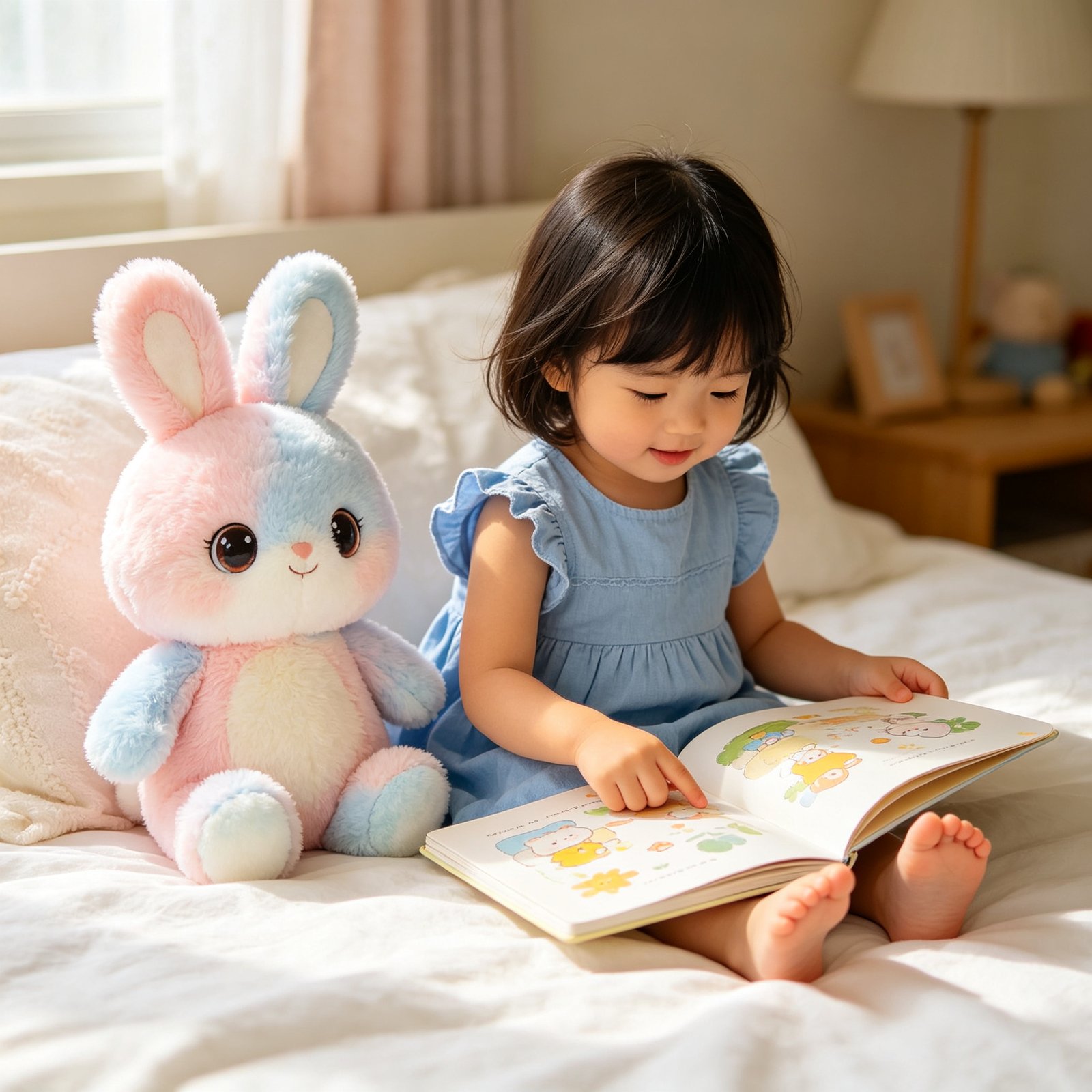 Toddler reading a book alongside an interactive AI plush bunny companion