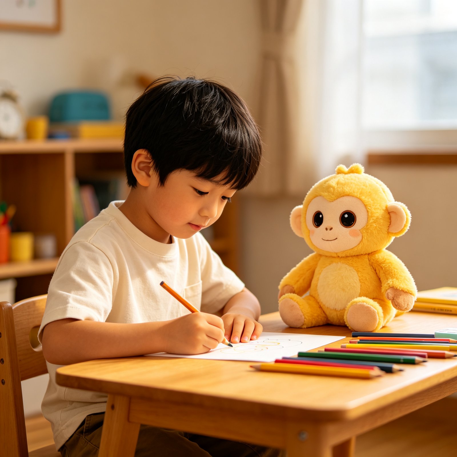 Child using an AI story-telling plush monkey companion for early learning