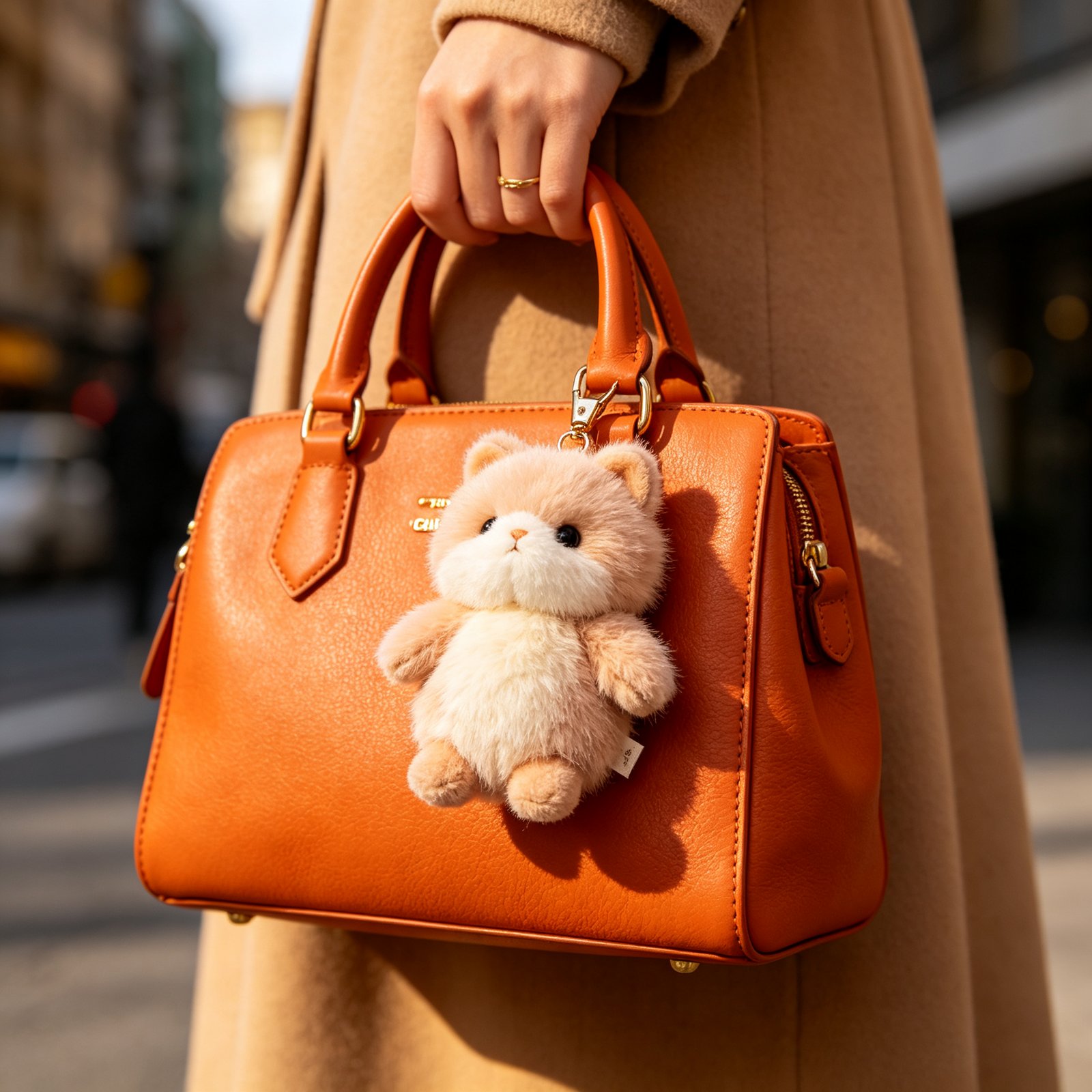 Plush bag charm clipped to a luxury designer handbag