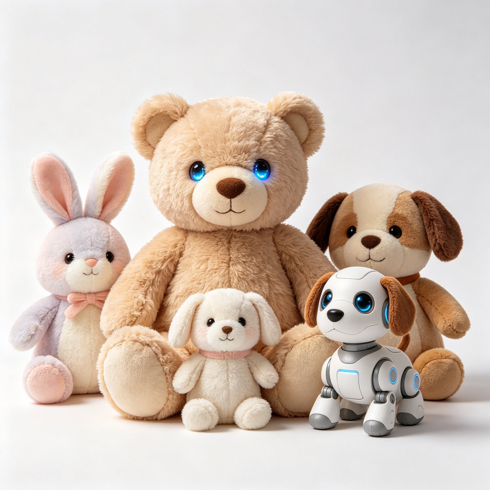 A diverse lineup of AI plush toys and robot pets on a clean studio surface