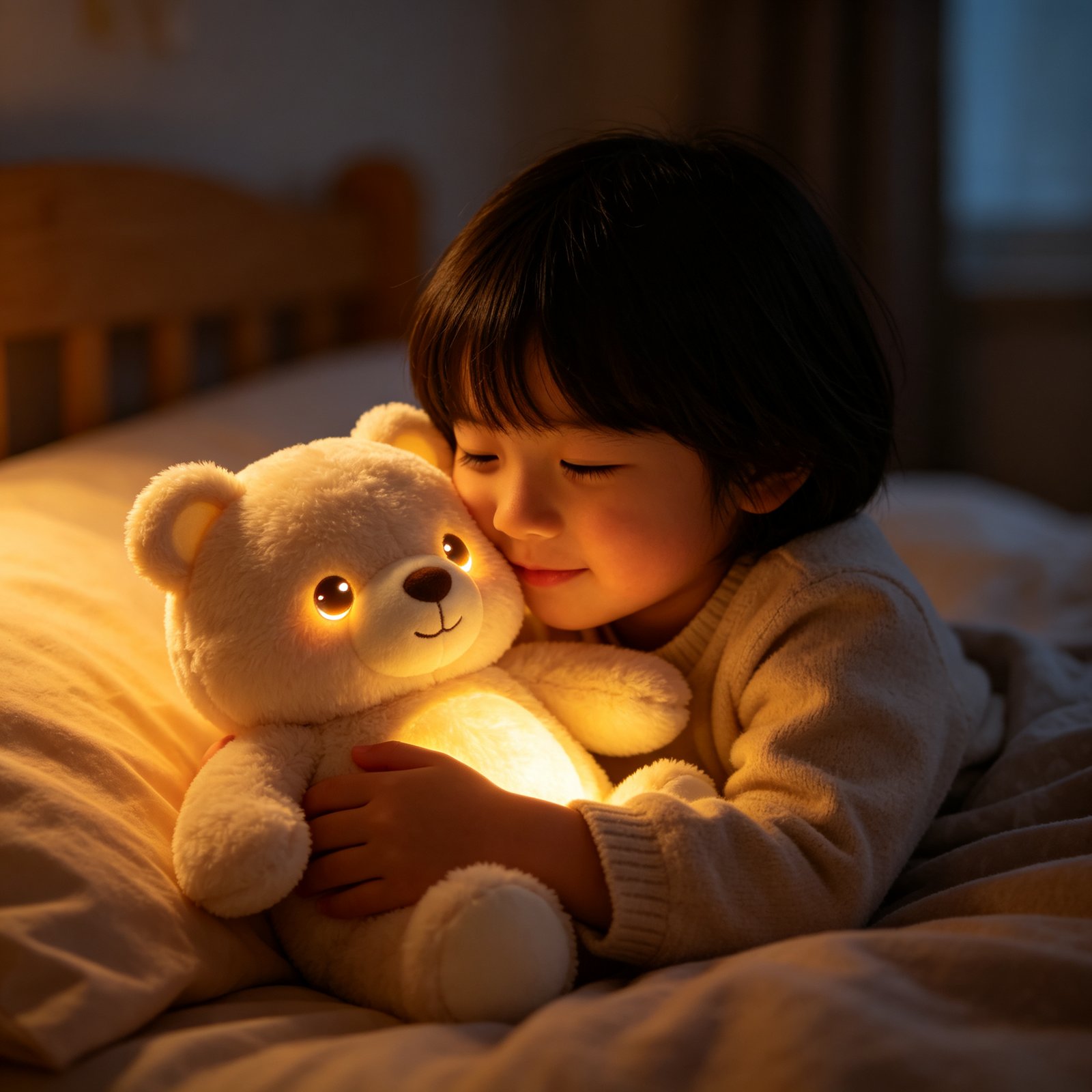 A child hugging a softly glowing AI plush bear at bedtime