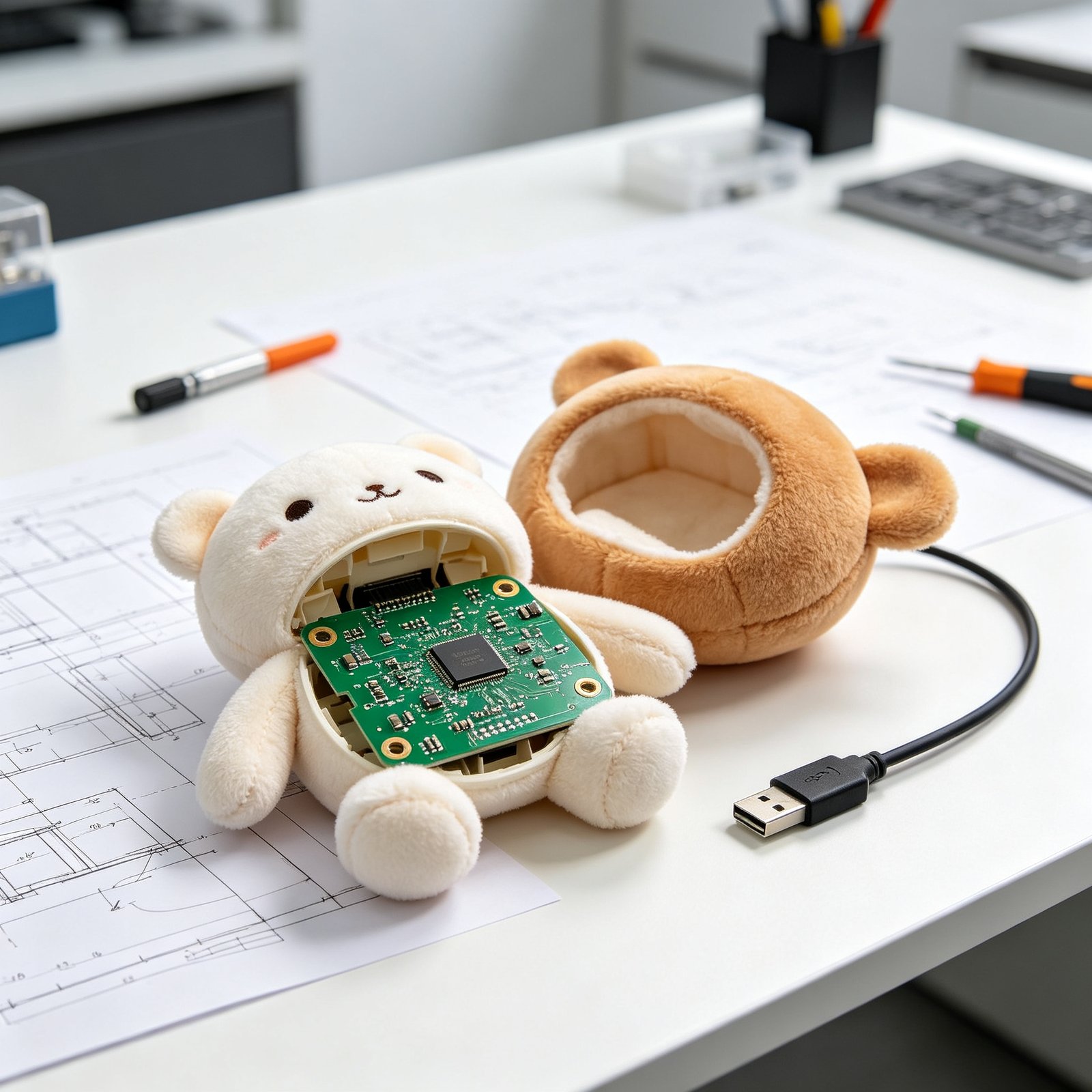 A smart plush toy disassembled on a designer's workbench showing the circuit board and chip
