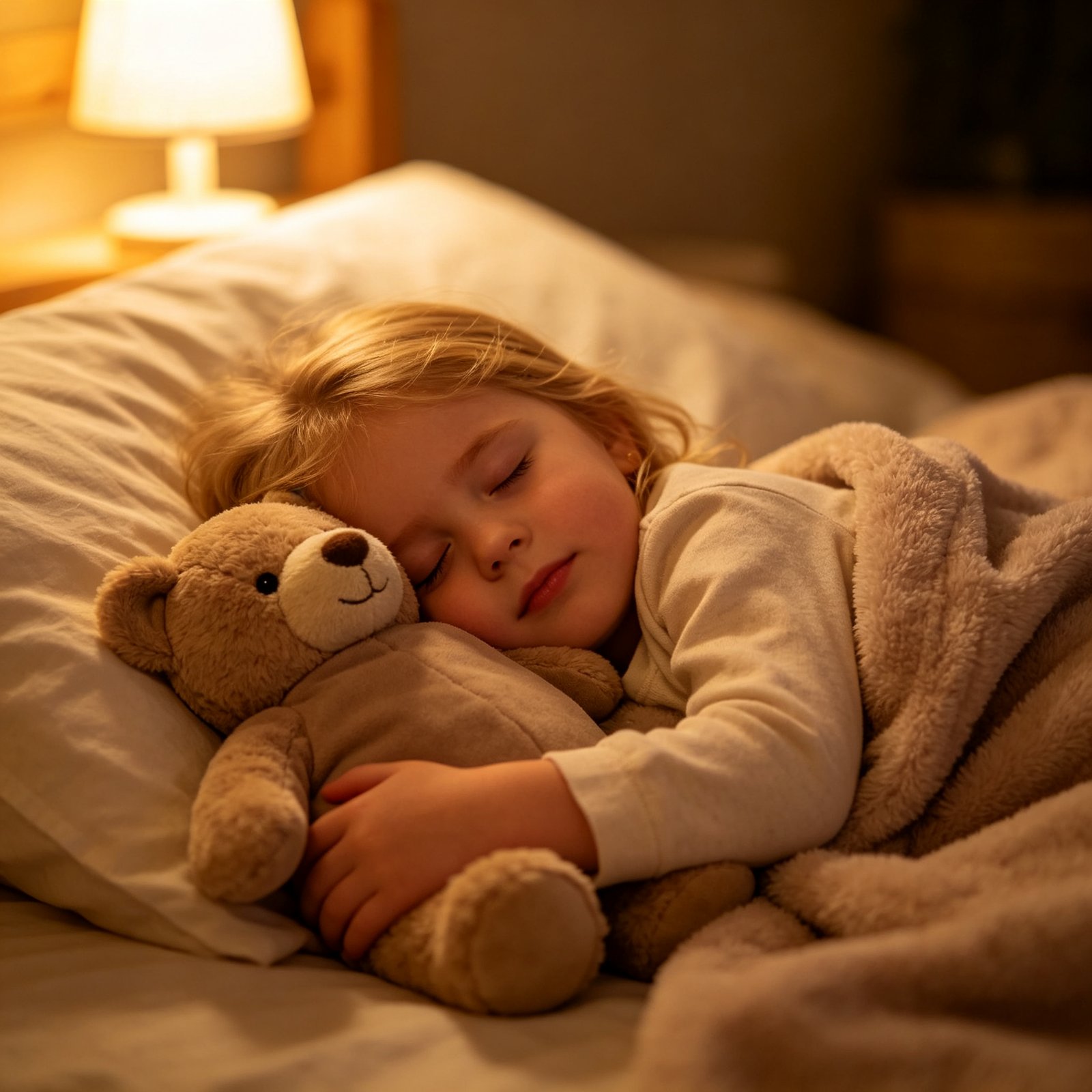A child peacefully asleep hugging a plush weighted bear in bed