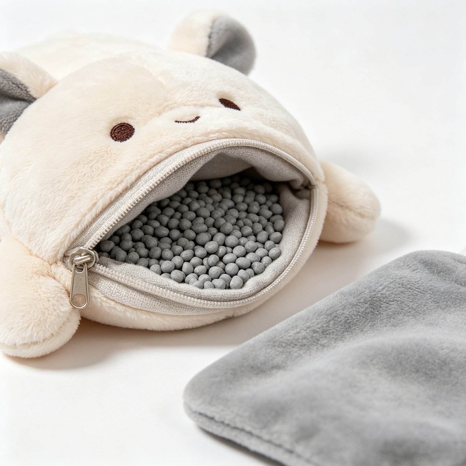 A weighted plush toy opened to show the secure inner pellet pouch and washable cover