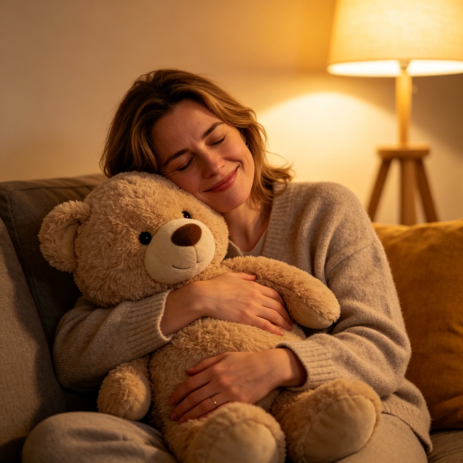 A tired adult woman hugging a weighted plush bear to her chest, deeply relaxed