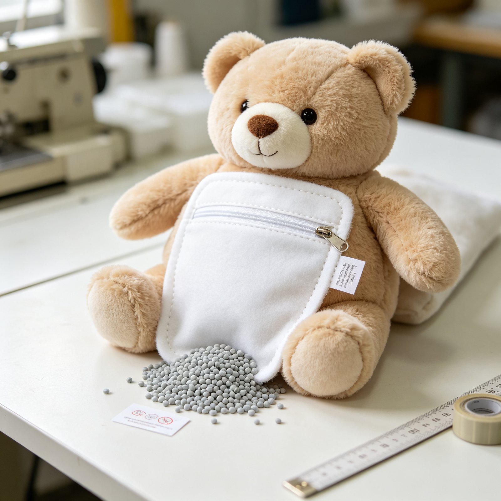 A weighted plush bear with the outer cover removed, showing the zipped inner pellet pouch, wash-care label and measuring tape on a workshop bench