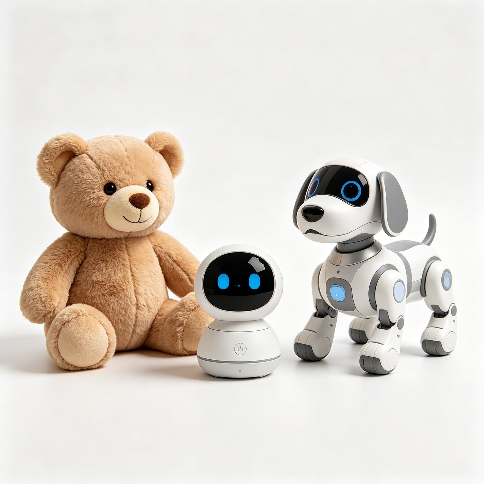 A collection of AI toys including an interactive plush bear, desktop companion robot, and AI robot dog on a clean white background