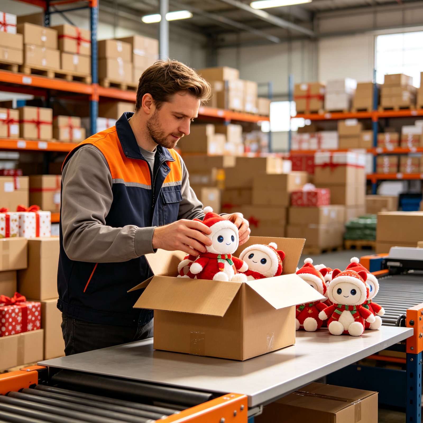 A warehouse worker inspecting a box of AI plush toys on a packing table in an organized warehouse