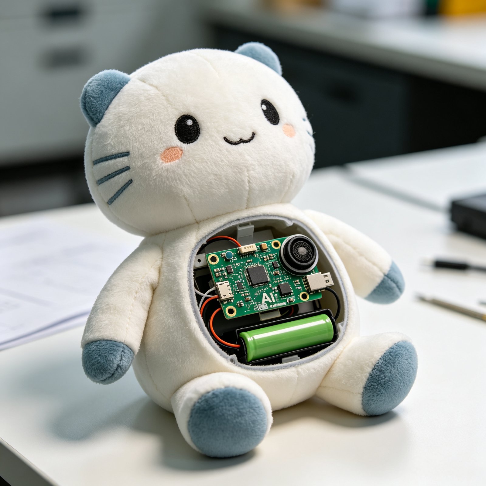 A European buyer and brand manager examining an AI plush bear sample in a showroom