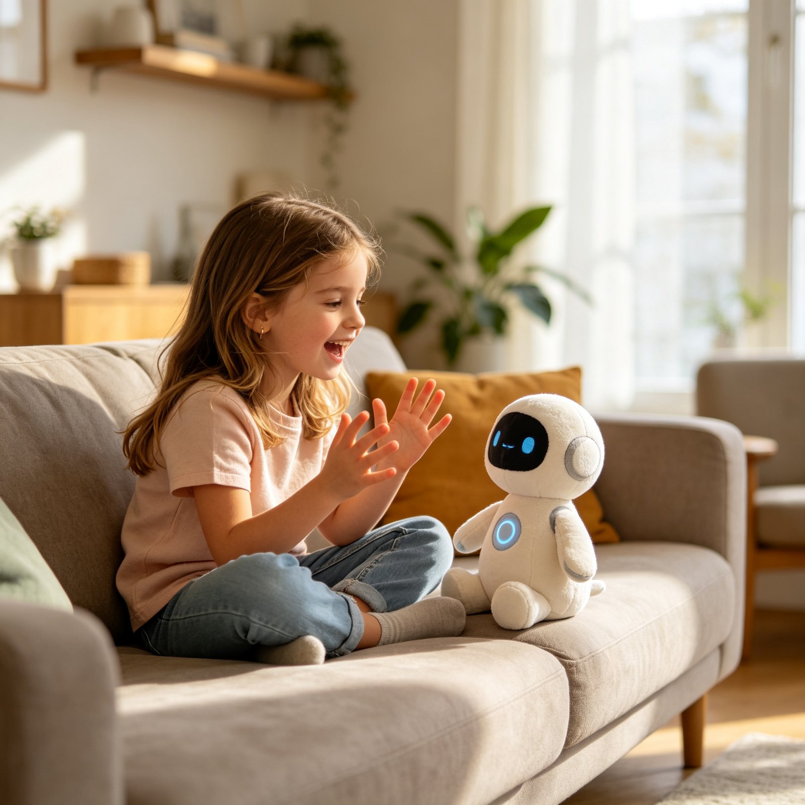 A young European girl playing with an AI companion toy in a bright modern home living room
