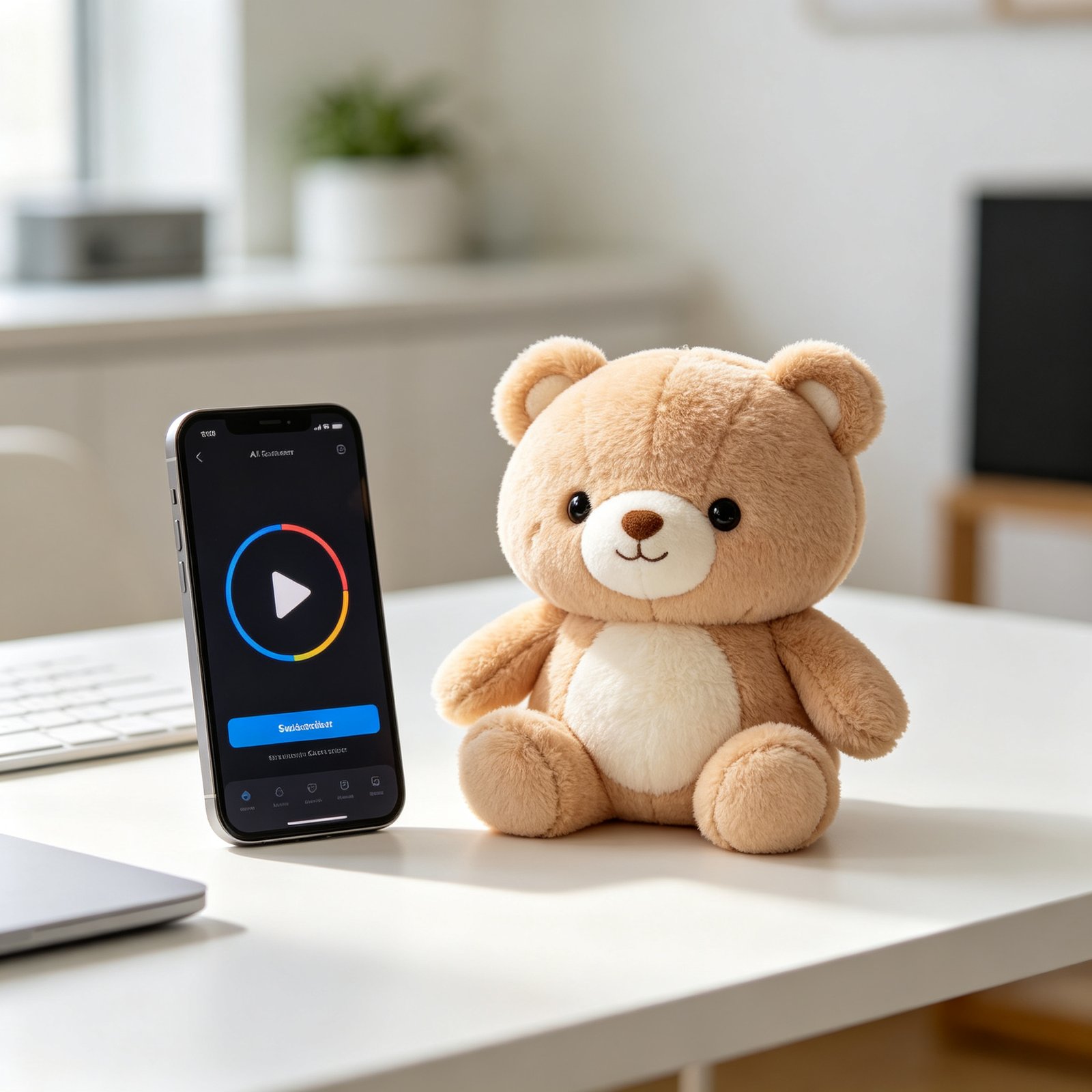 A soft AI plush bear next to a smartphone showing a subscription app interface