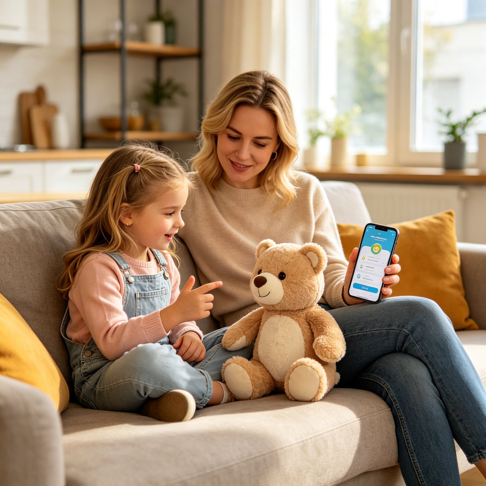 A shield icon protecting a plush bear, with lock and checkmark symbols, child safety concept