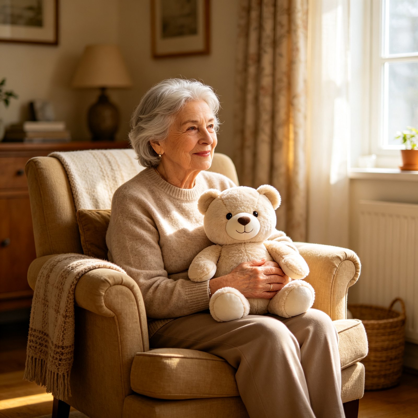 An elderly European woman's hand gently touching the soft fur of a plush AI companion bear on a table