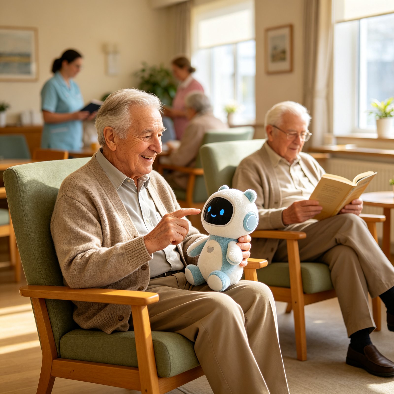 A silver-haired European elderly woman in a cozy armchair at home, gently hugging a soft plush AI companion bear