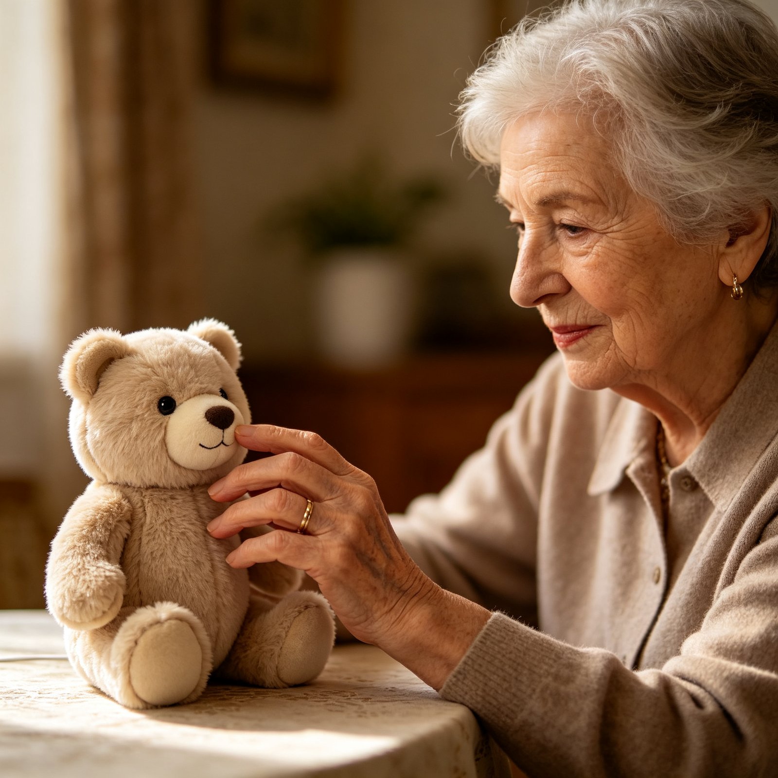 A bright senior care facility common room with a European senior smiling and talking to an AI companion device