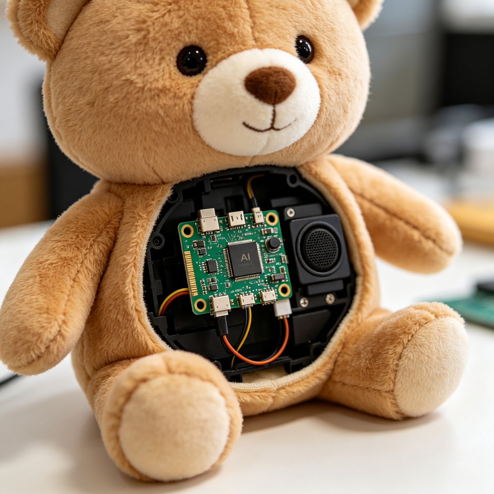 A European mother holding a smartphone with a privacy control screen while her daughter plays with an AI plush toy