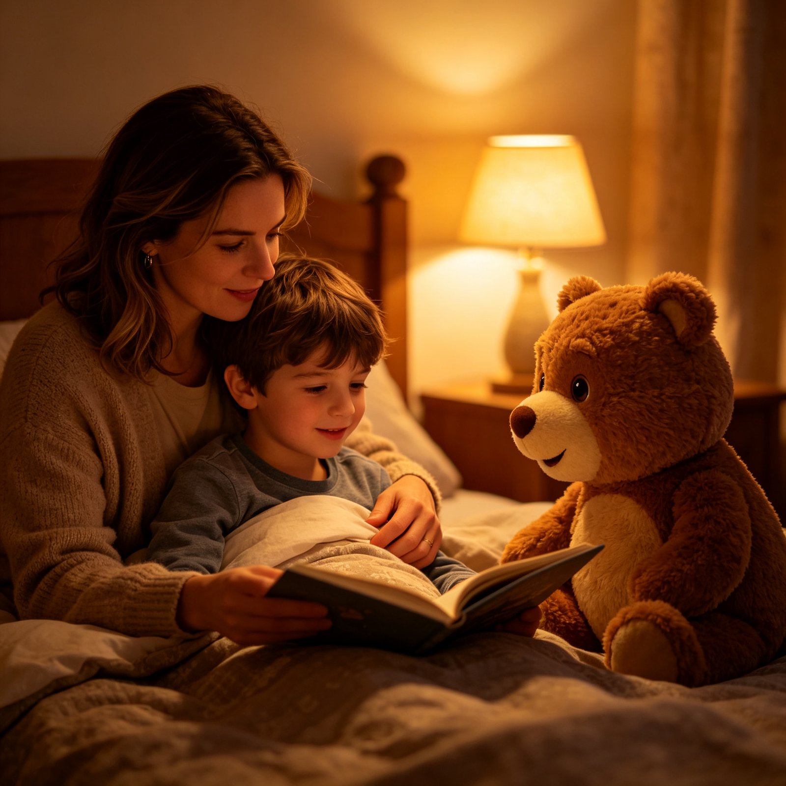 A young European girl asleep at night, hugging a soft AI plush bear companion in a cozy bed