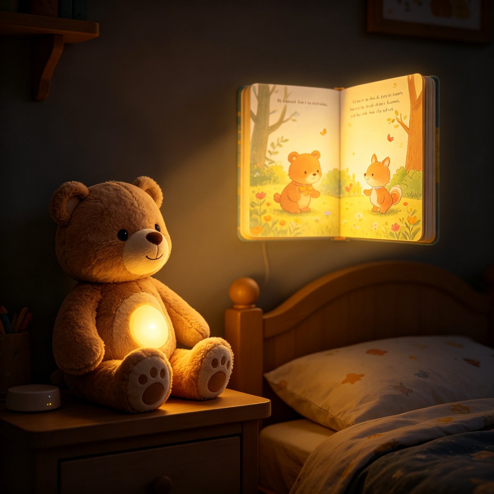 A European mother tucking her young son into bed while an AI plush bear joins the bedtime story