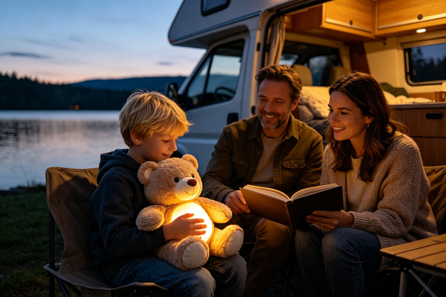 A European family in a camper van at a lakeside campsite at dusk, a young boy hugging an AI plush bear with a glowing chest light while listening to a story