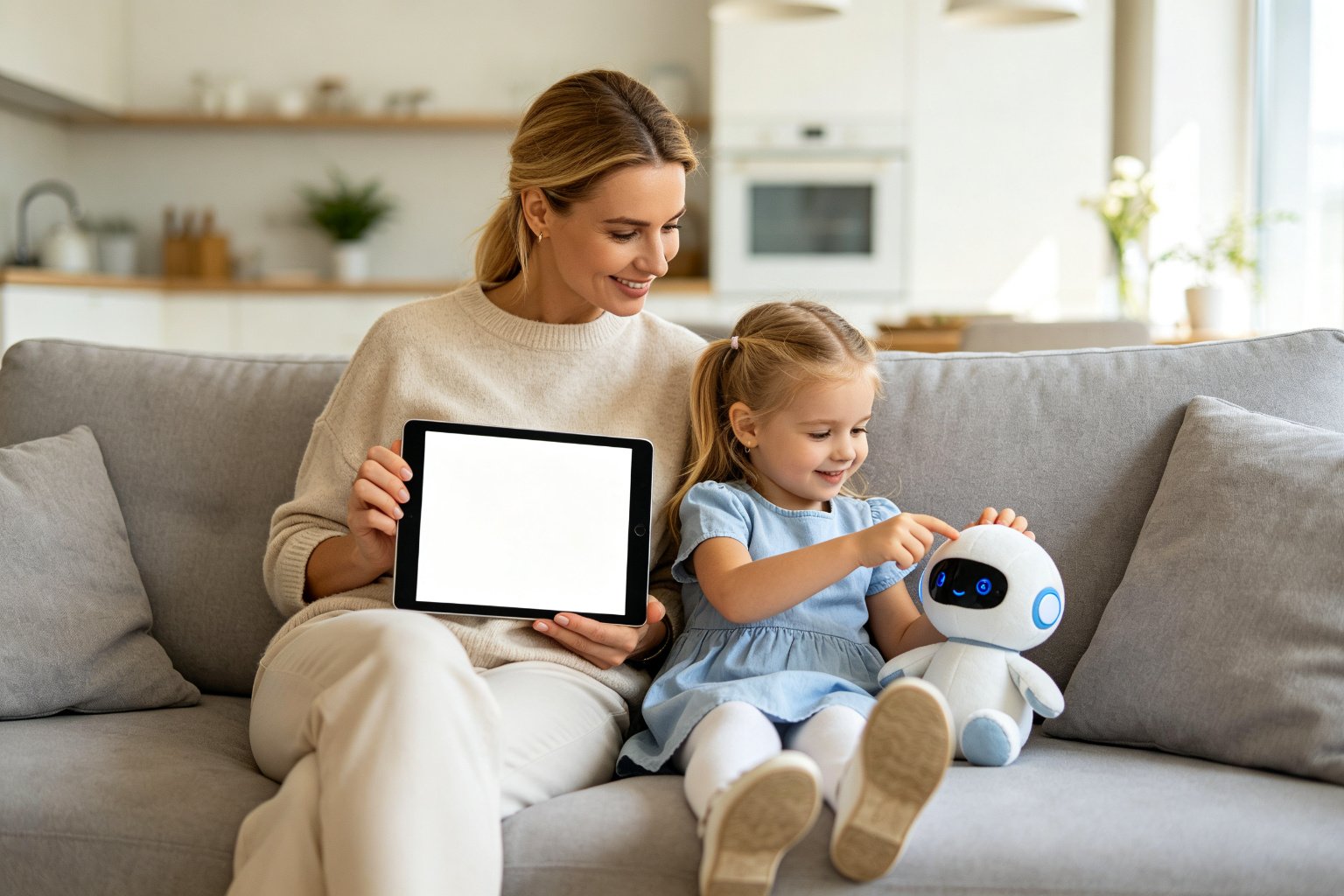 A European mother on a sofa holding a tablet with a clean blank screen while her daughter plays with an AI plush toy