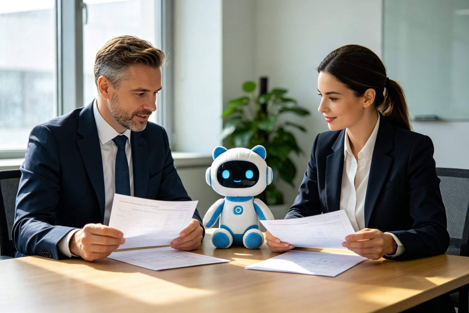 Two European business professionals comparing product specification sheets at an office table with an AI plush toy prototype between them