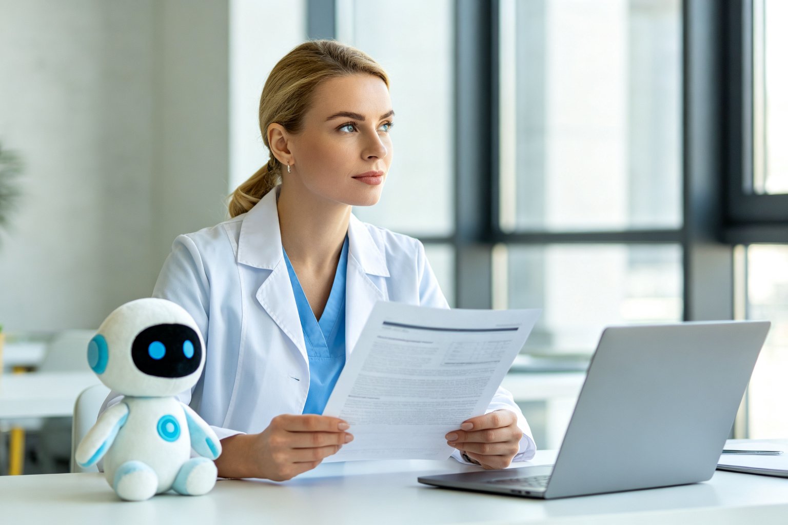 A European child development researcher holding a research report with an AI plush toy on her desk