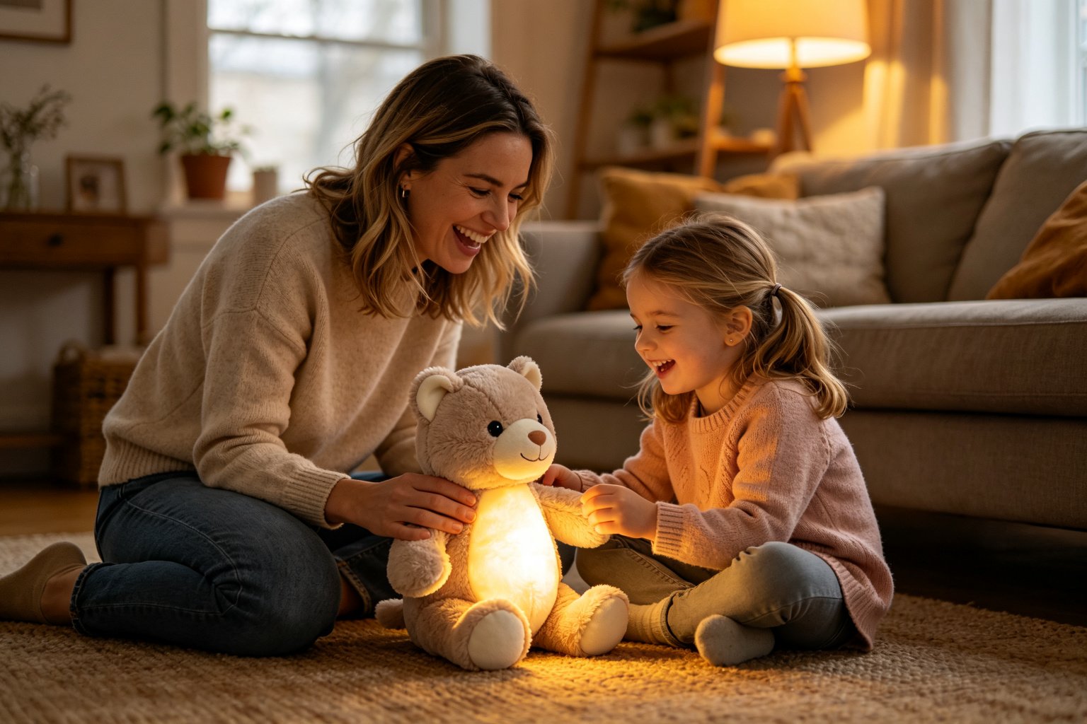 A European mother and her young daughter playing together with a soft AI plush toy on a living room floor, joint play encouraged by the toy