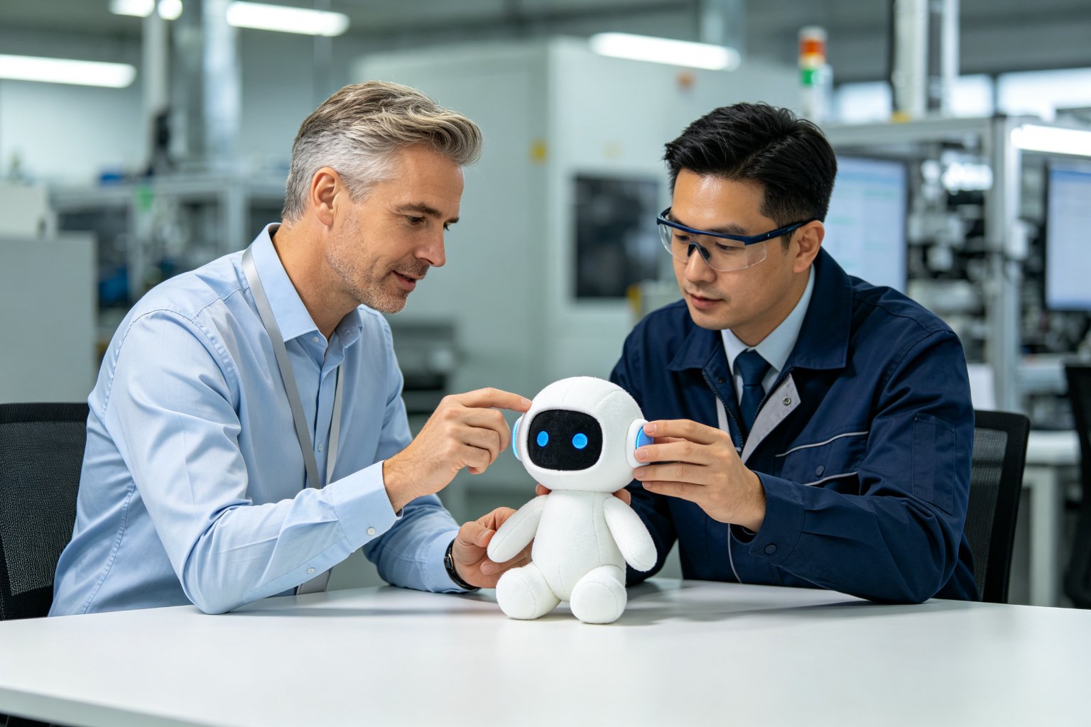 A European product manager and factory engineer reviewing an AI plush toy prototype in a modern product review room