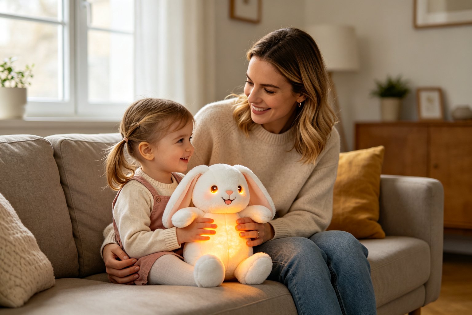 A mother and toddler playing with a glowing AI plush bunny