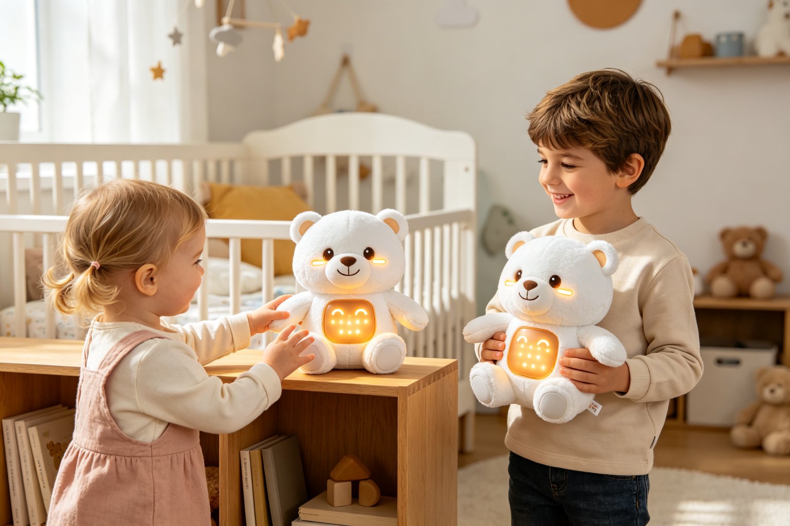 Children of different ages playing with the same adaptive AI plush bear