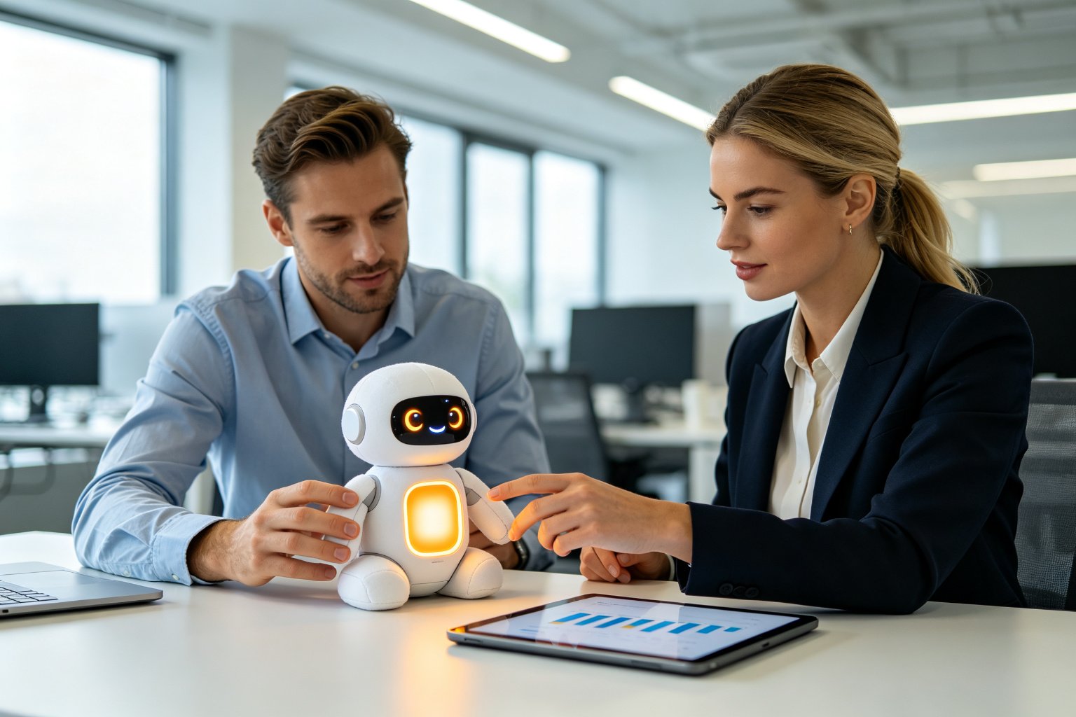 Product manager and retail buyer reviewing an adaptive AI toy prototype