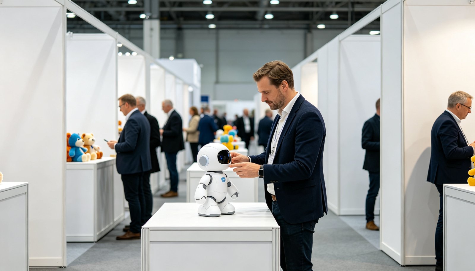 A European buyer reviewing an AI plush at a modern toy trade show