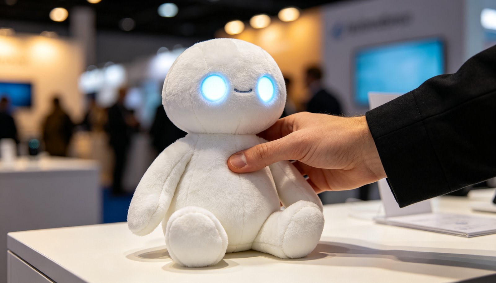 A soft white AI plush with glowing LED eyes on a trade show table