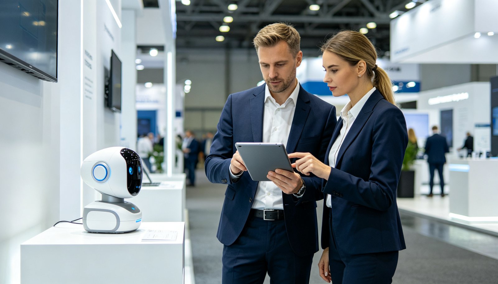 Two European buyers reviewing an AI robot prototype on a tablet at a trade show