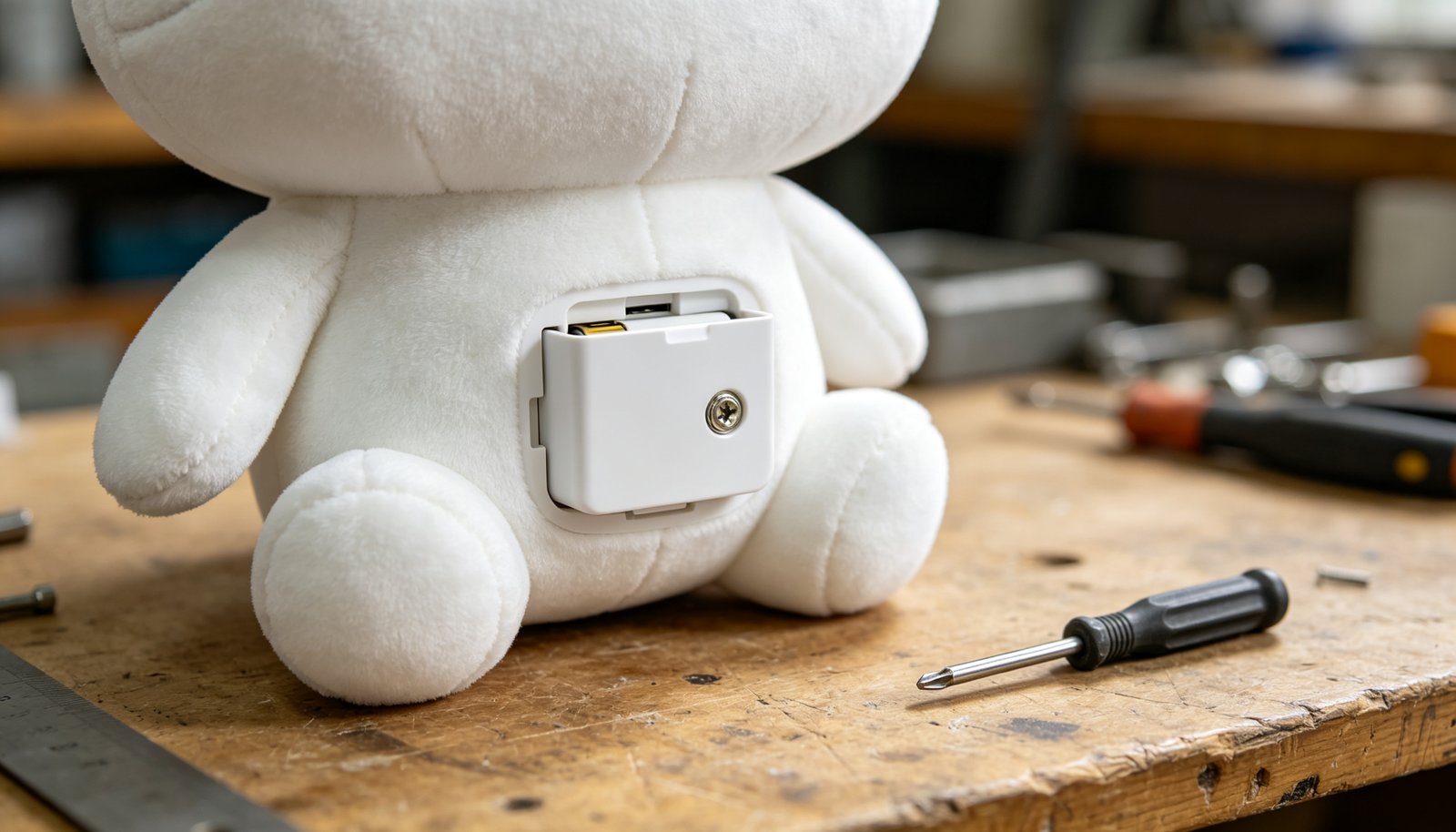A screw-secured battery compartment on a white AI plush toy