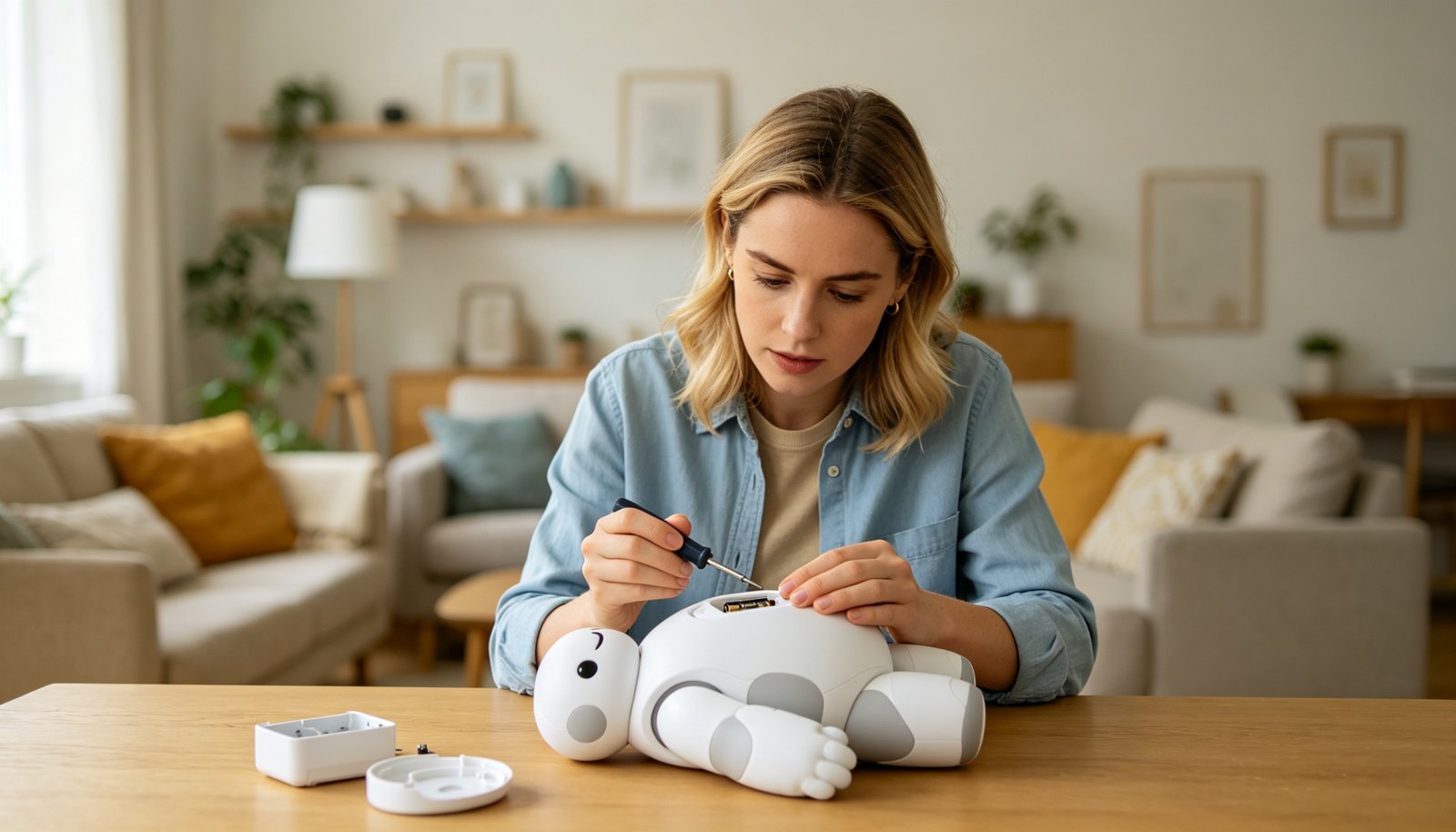 A parent inspecting the battery compartment of an AI plush toy