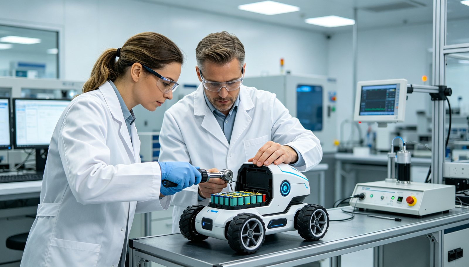 Two European QC engineers testing an AI toy in a certification lab