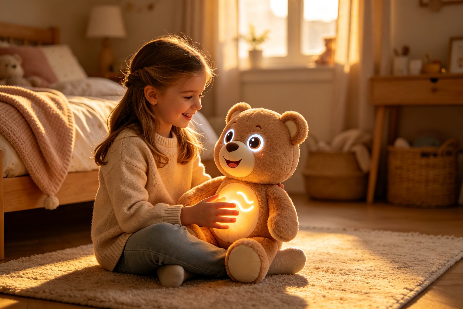 A young European girl talking happily to a plush AI teddy bear whose LED eyes glow with a joyful expression