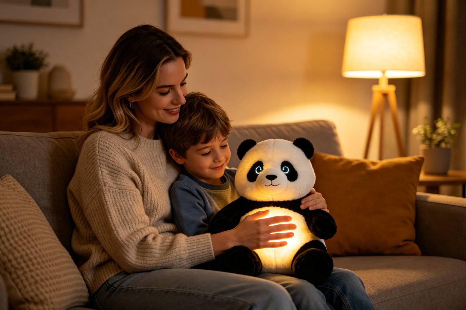 A European family in a warm living room, a young boy hugging a plush AI panda with a gentle warm glowing chest