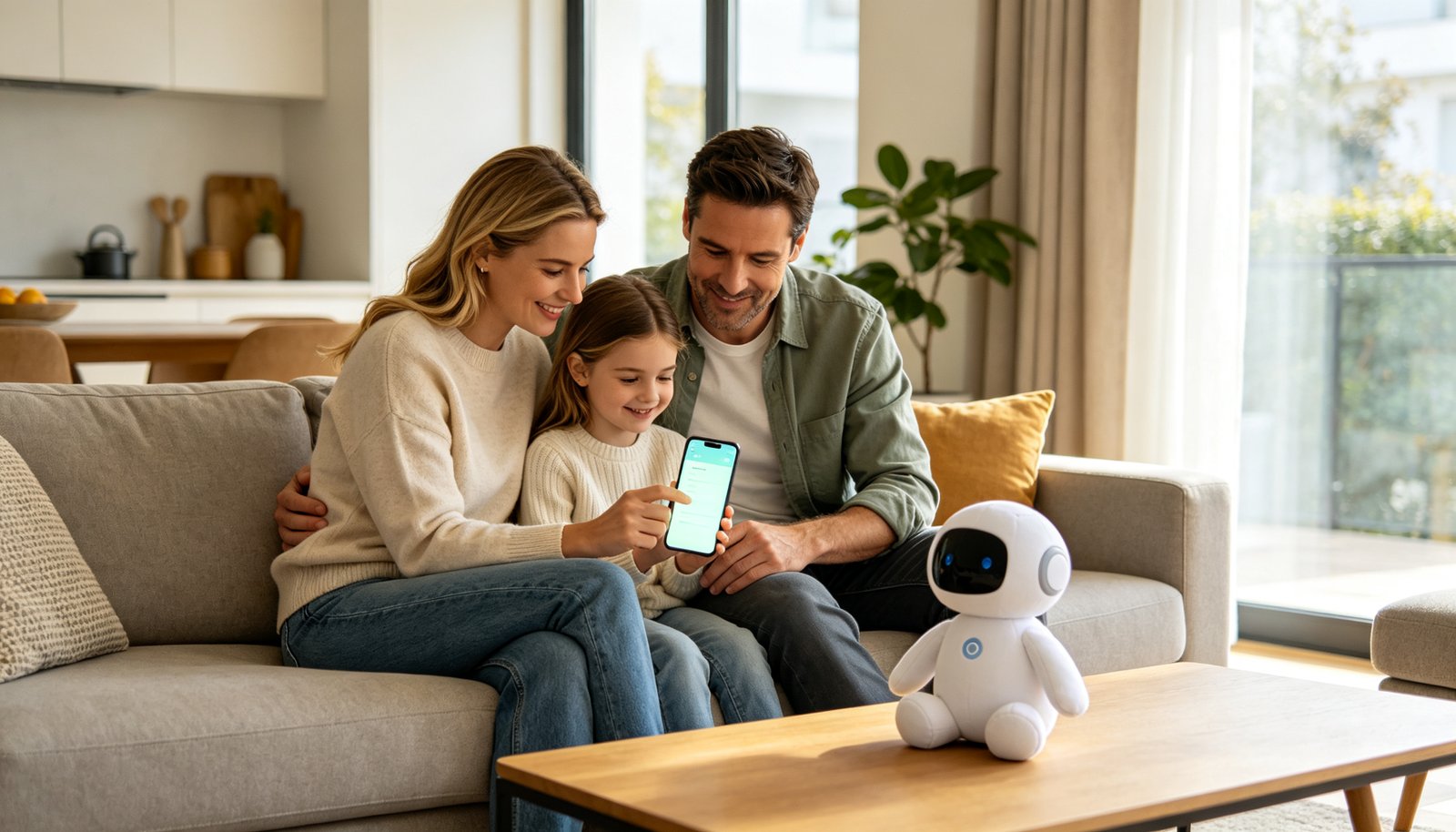 A family managing parental privacy settings on a smartphone beside their AI toy