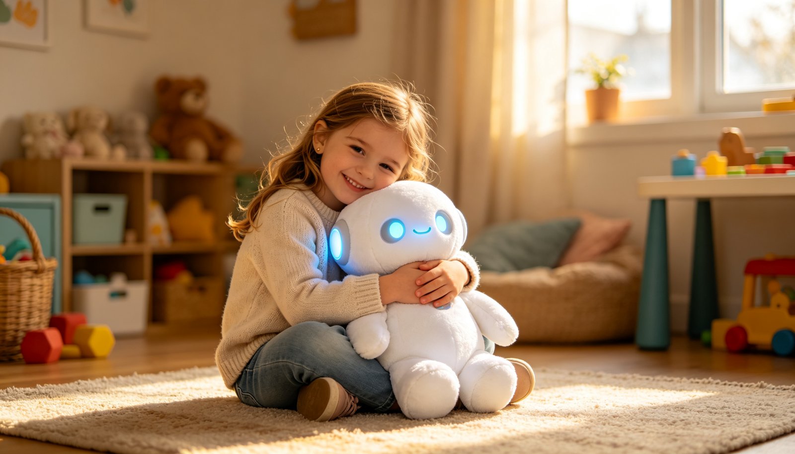 A girl hugging a screen-free AI plush toy in a warm playroom