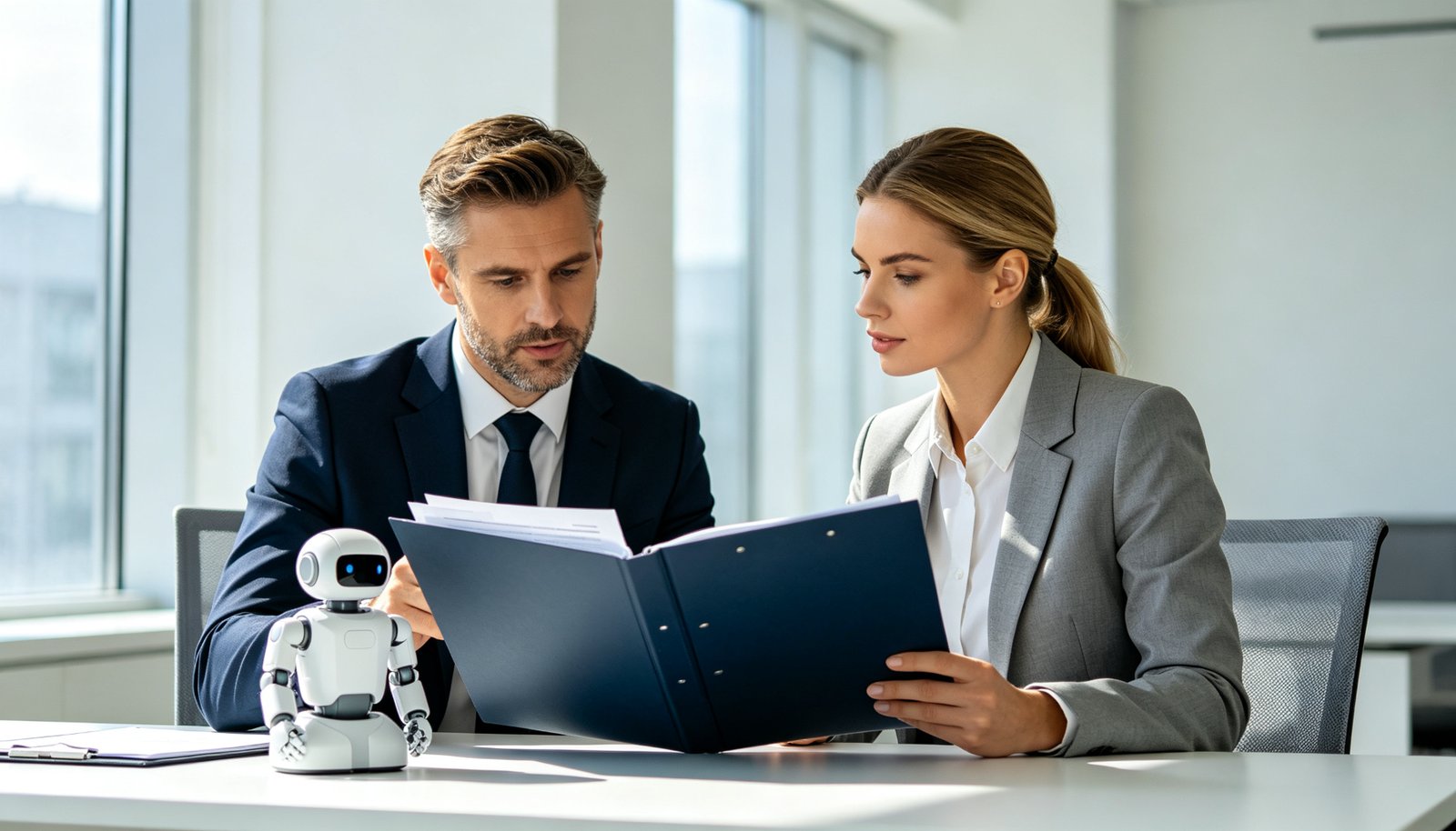 Two European compliance consultants reviewing a privacy document folder with an AI toy prototype