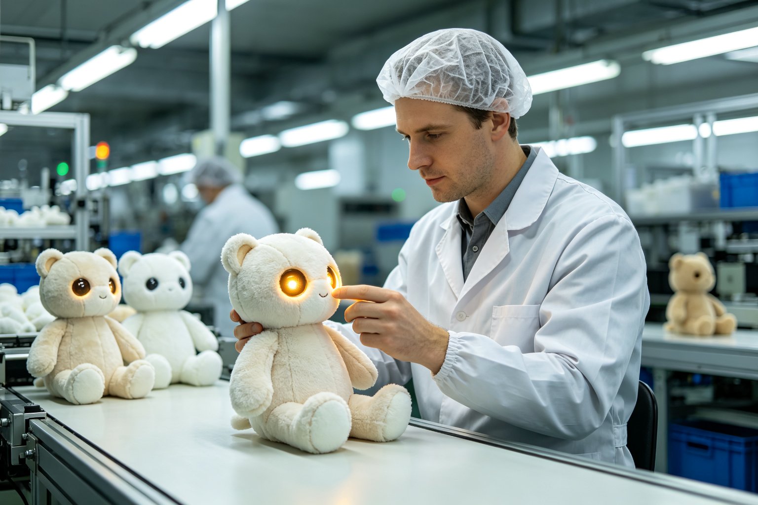 A European QC engineer inspecting glowing AI plush toys on a factory production line