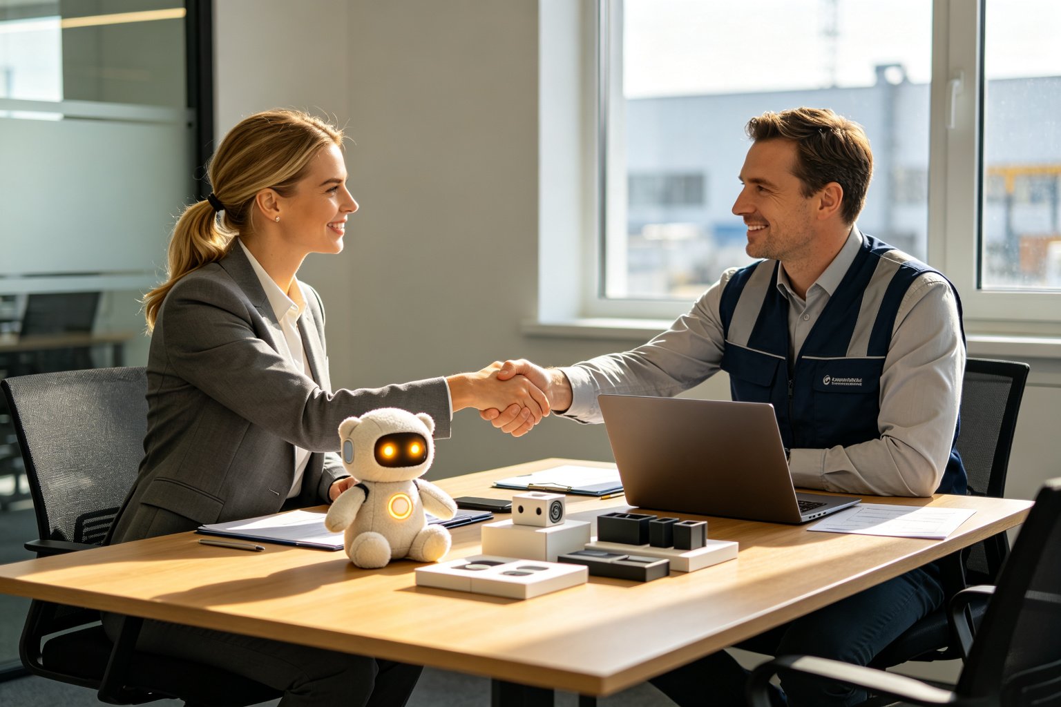 A European purchasing manager finalizing an AI plush toy sourcing partnership in a business meeting