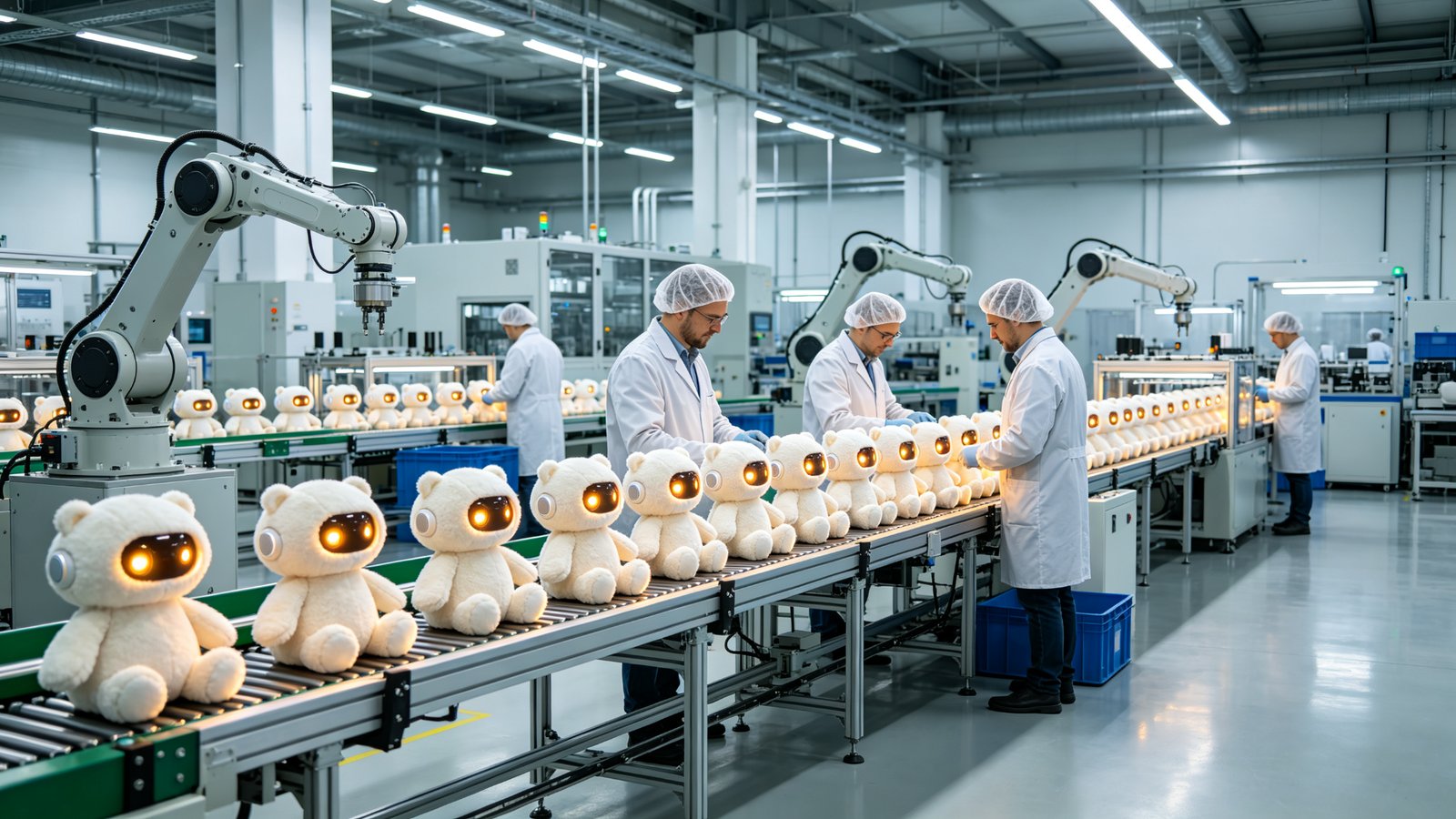 European engineers and QC workers inspecting glowing AI plush toys on a modern factory assembly line
