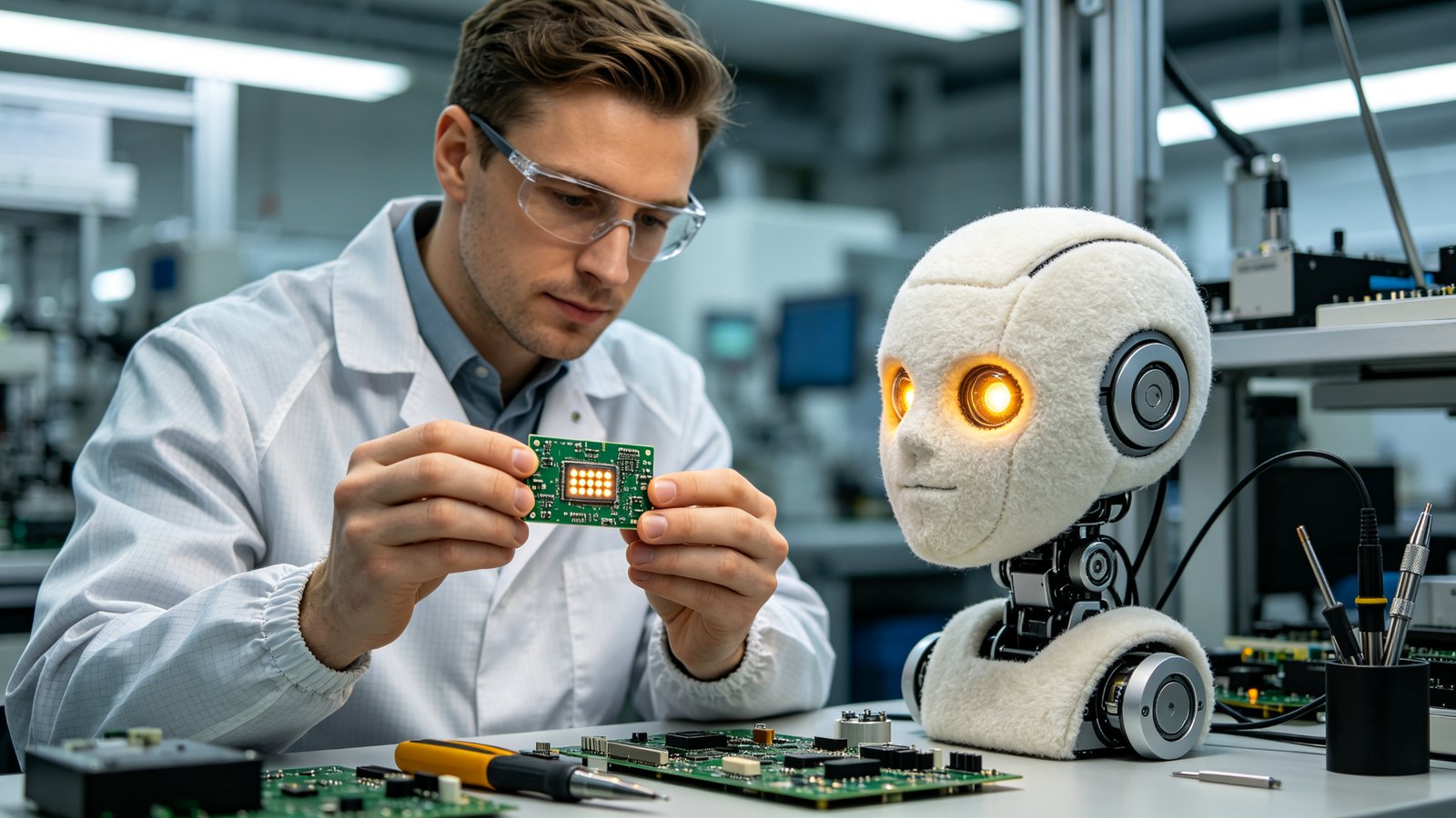 A European engineer inspecting an LED eye module and a plush AI robot head prototype in a factory lab