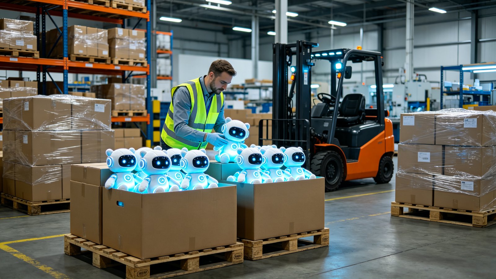 A European QC supervisor checking glowing AI plush toys packed for export
